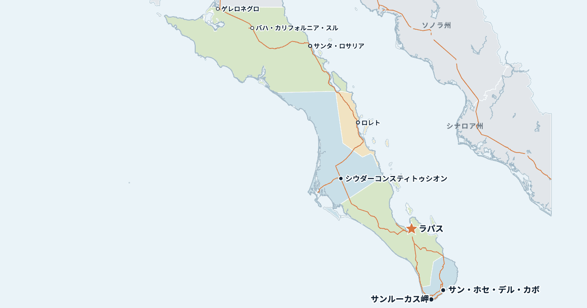バハ・カリフォルニア・スル州の地図(主な都市入り)