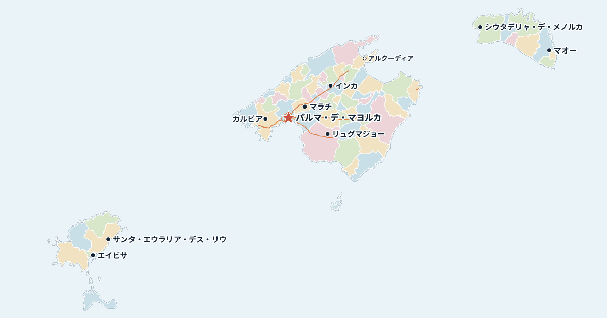 バレアレス諸島州の地図(主な都市入り)