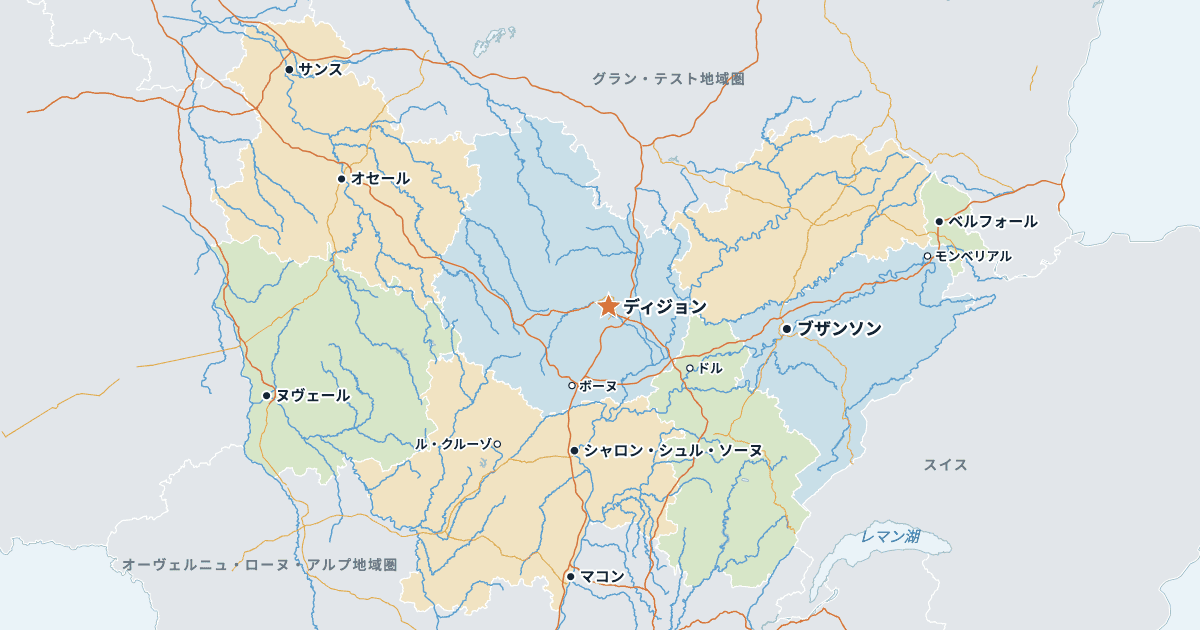 ブルゴーニュ・フランシュ・コンテ地域圏の地図(主な都市入り)