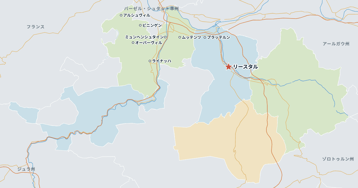 バーゼル・ラントシャフト準州の地図(主な都市入り)