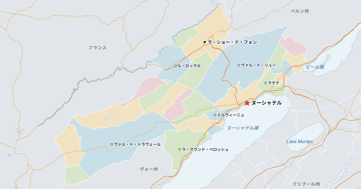ヌーシャテル州の地図(主な都市入り)