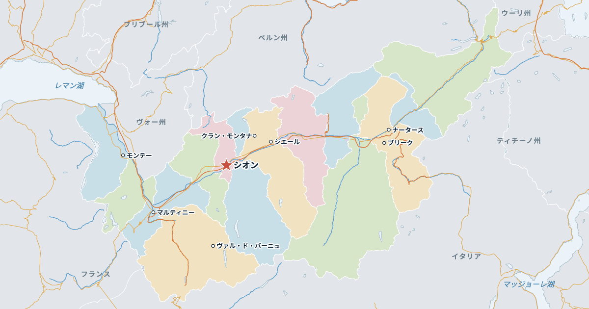 ヴァレー州の地図(主な都市入り)