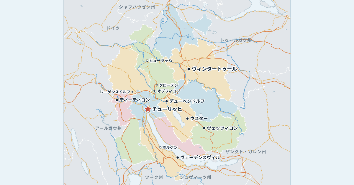 チューリッヒ州の地図(主な都市入り)