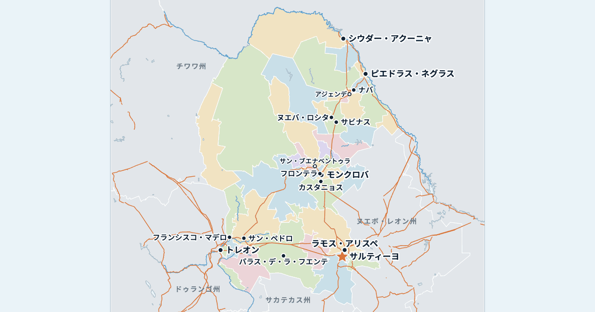 コアウイラ州の地図(主な都市入り)