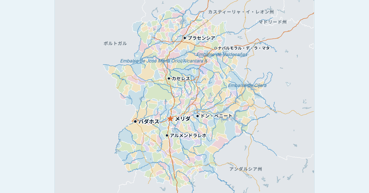 エストレマドゥーラ州の地図(主な都市入り)