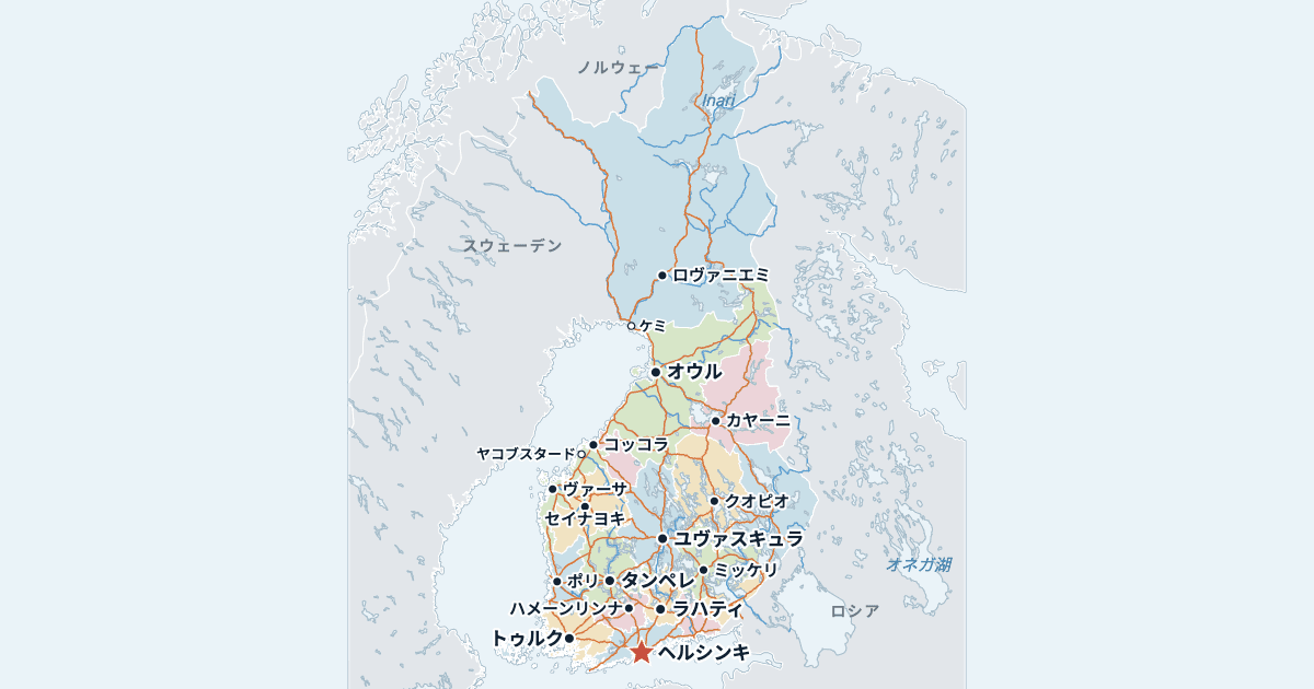 フィンランドの地図(主な都市入り)