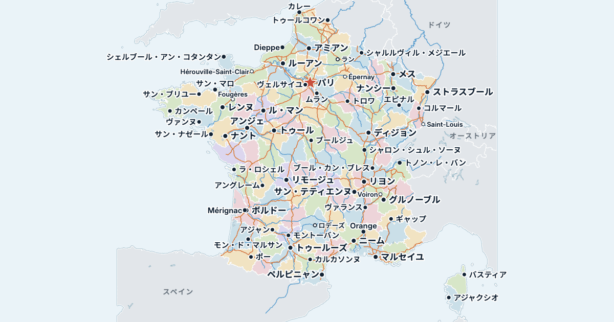 フランスの地図(主な都市入り)