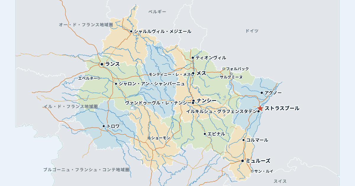 グラン・テスト地域圏の地図(主な都市入り)