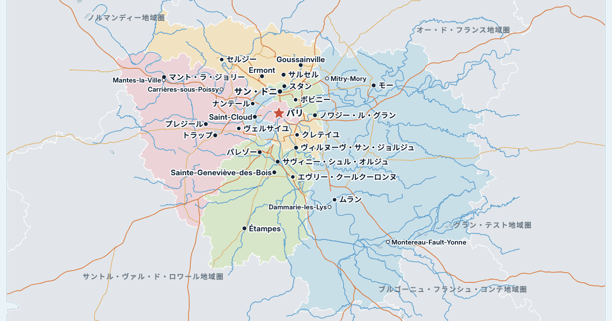 イル・ド・フランス地域圏の地図(主な都市入り)