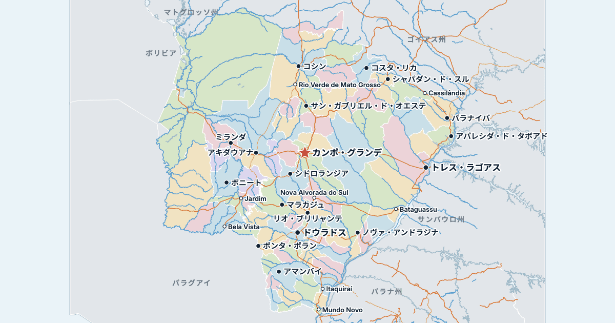 マトグロッソ・ド・スル州の地図(主な都市入り)
