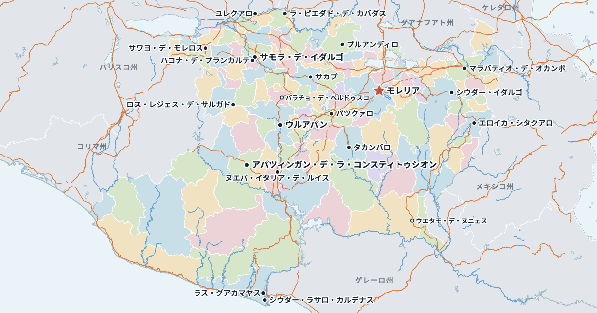 ミチョアカン州の地図(主な都市入り)