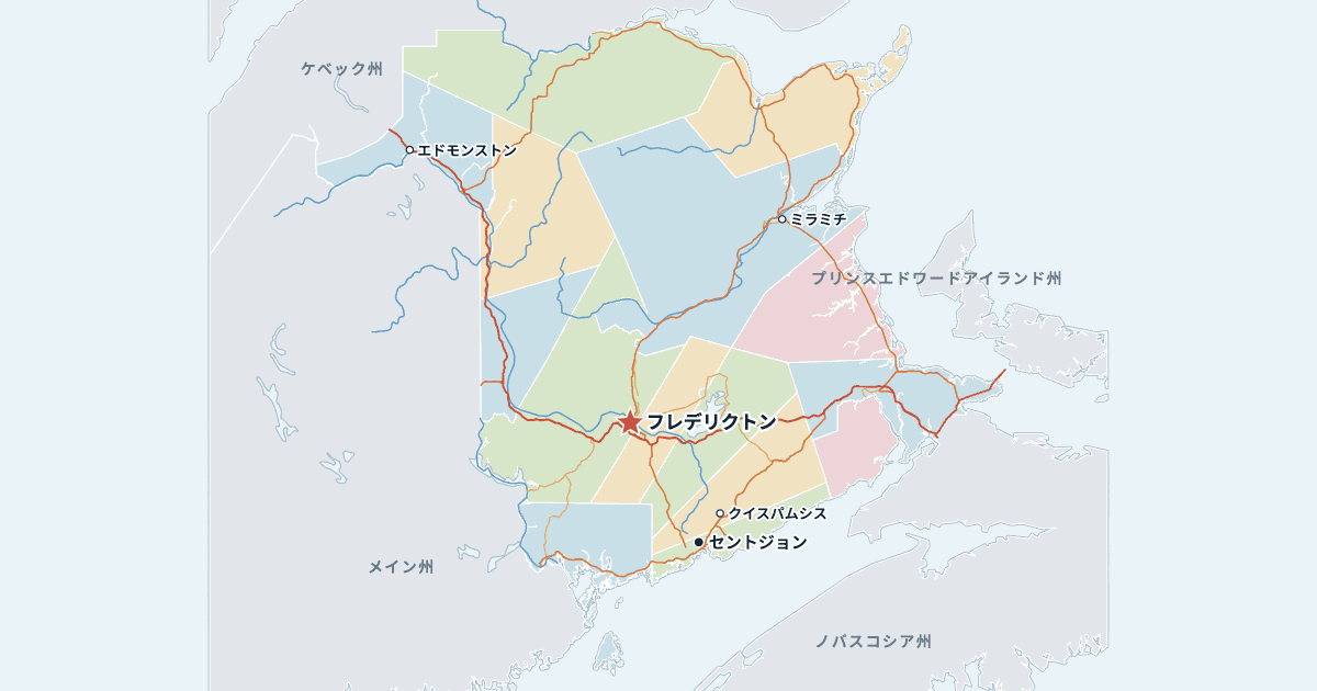 ニューブランズウィック州の地図(主な都市入り)
