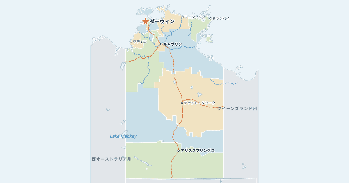 北部準州の地図(主な都市入り)