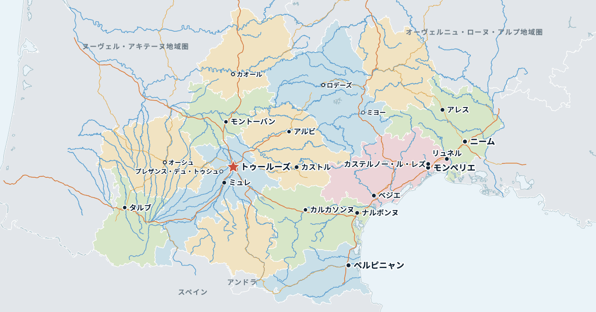 オクシタニー地域圏の地図(主な都市入り)