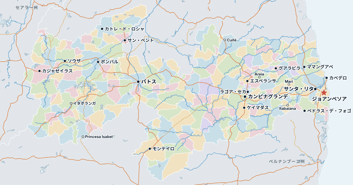 パライバ州の地図(主な都市入り)