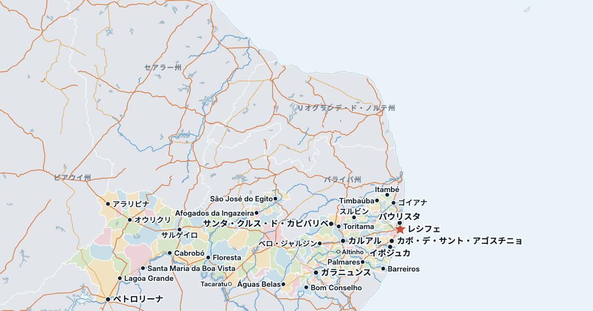 ペルナンブーコ州の地図(主な都市入り)