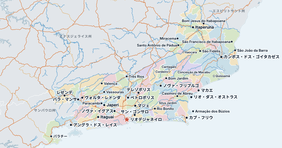 リオデジャネイロ州の地図(主な都市入り)