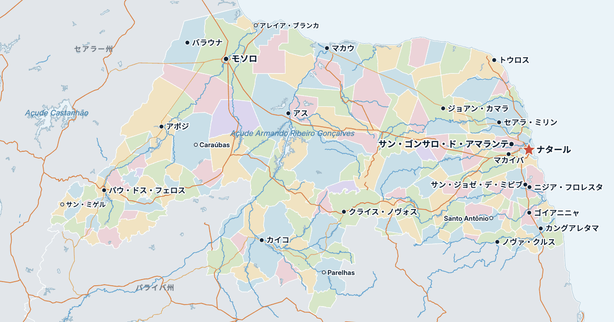 リオグランデ・ド・ノルテ州の地図(主な都市入り)