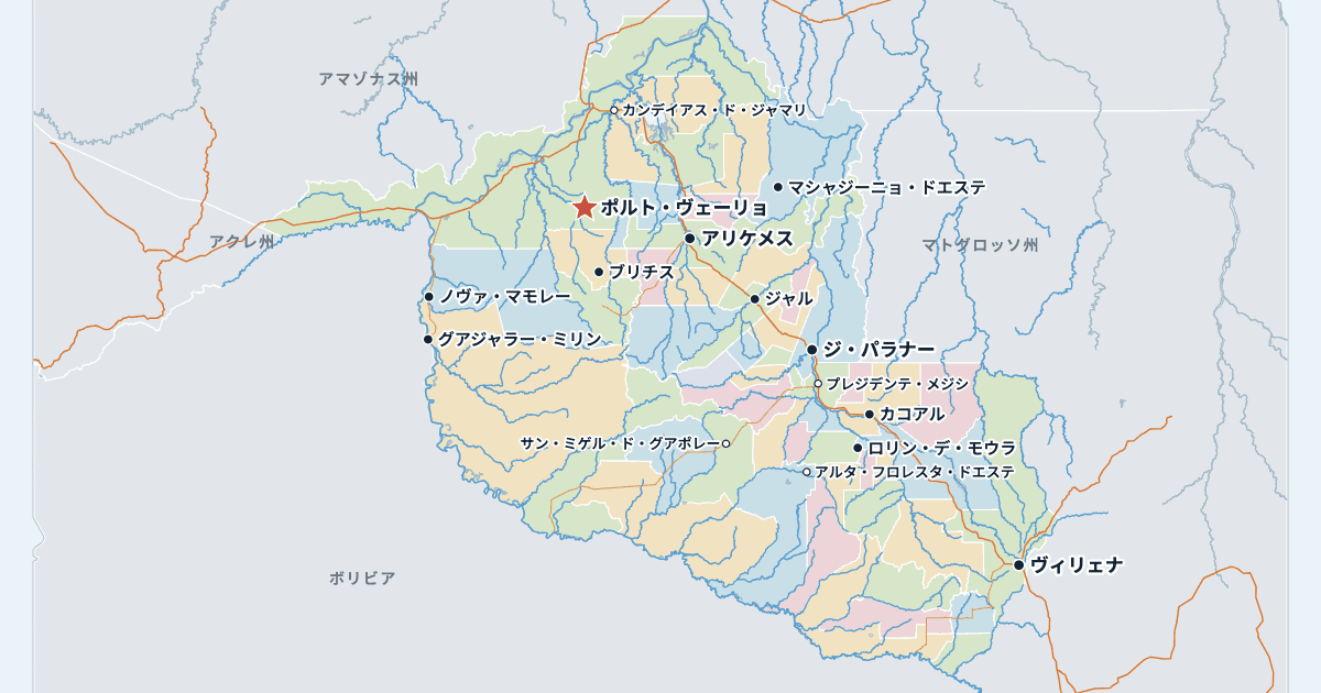 ロンドニア州の地図(主な都市入り)