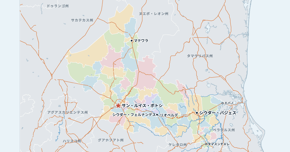 サン・ルイス・ポトシ州の地図(主な都市入り)