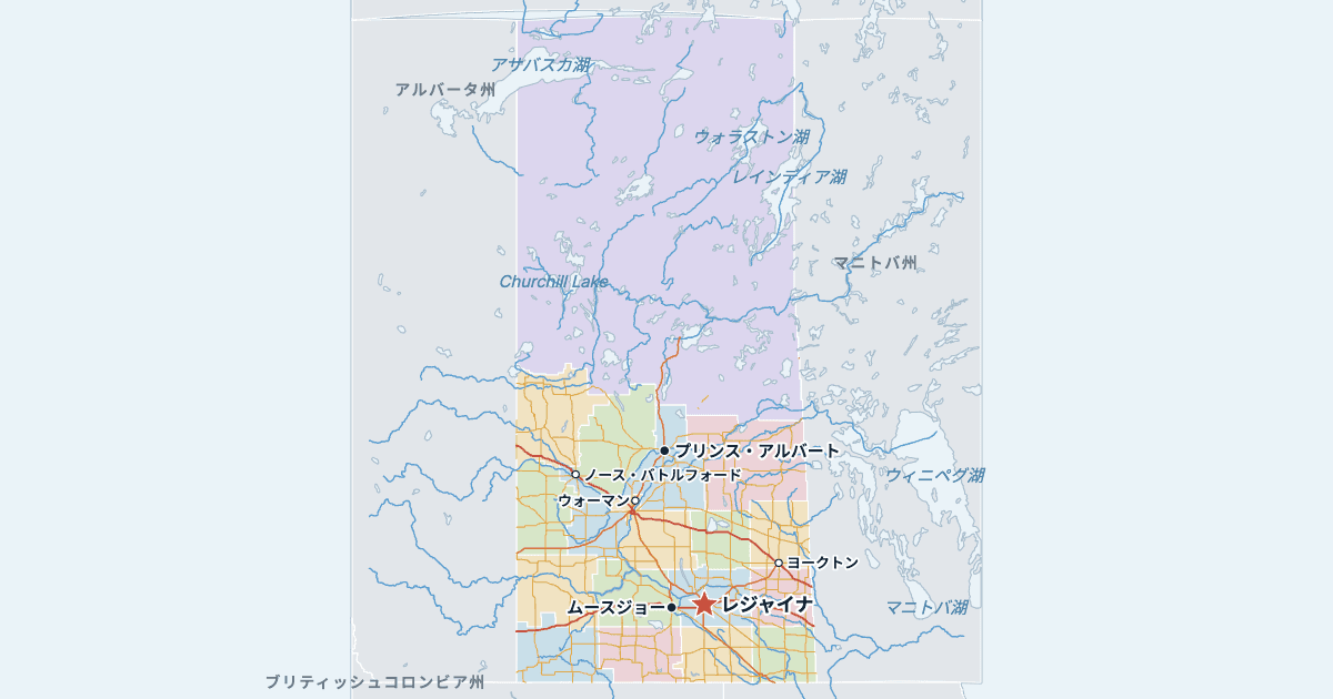 サスカチュワン州の地図(主な都市入り)
