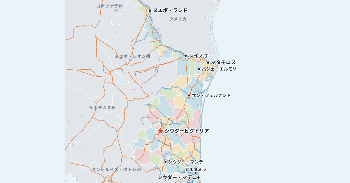 タマウリパス州の地図(主な都市入り)