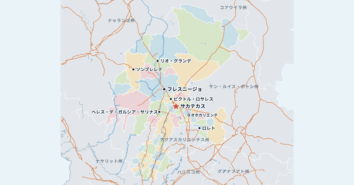 サカテカス州の地図(主な都市入り)