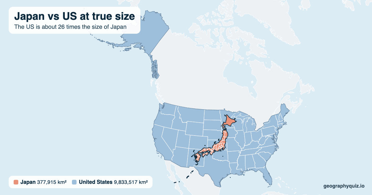 Japan vs US size comparison map: Japan laid over the US at true size. The US is about 26 times the size of Japan.