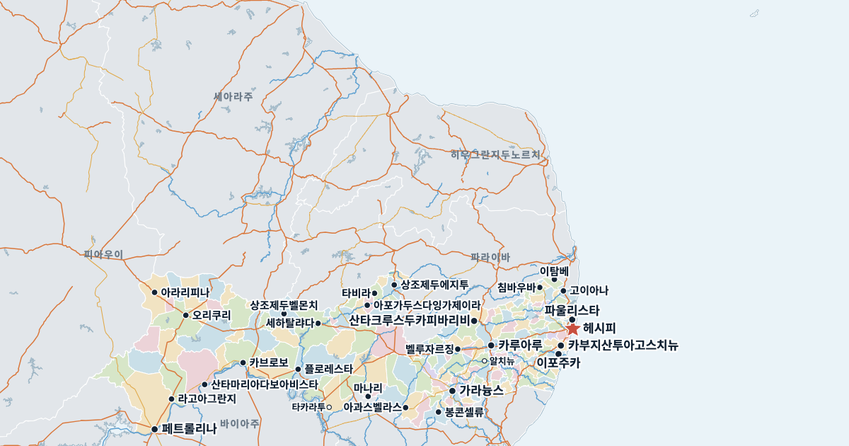 페르남부쿠주 지도(주요 도시 포함)