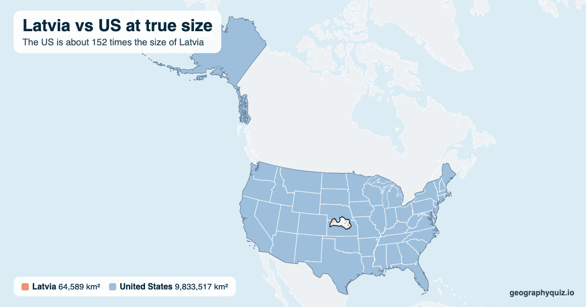 Latvia vs US size comparison map: Latvia laid over the US at true size. The US is about 152 times the size of Latvia.