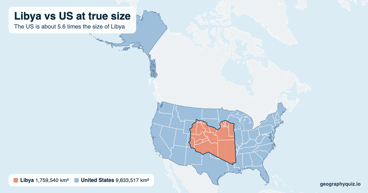 Libya vs US size comparison map: Libya laid over the US at true size. The US is about 5.6 times the size of Libya.