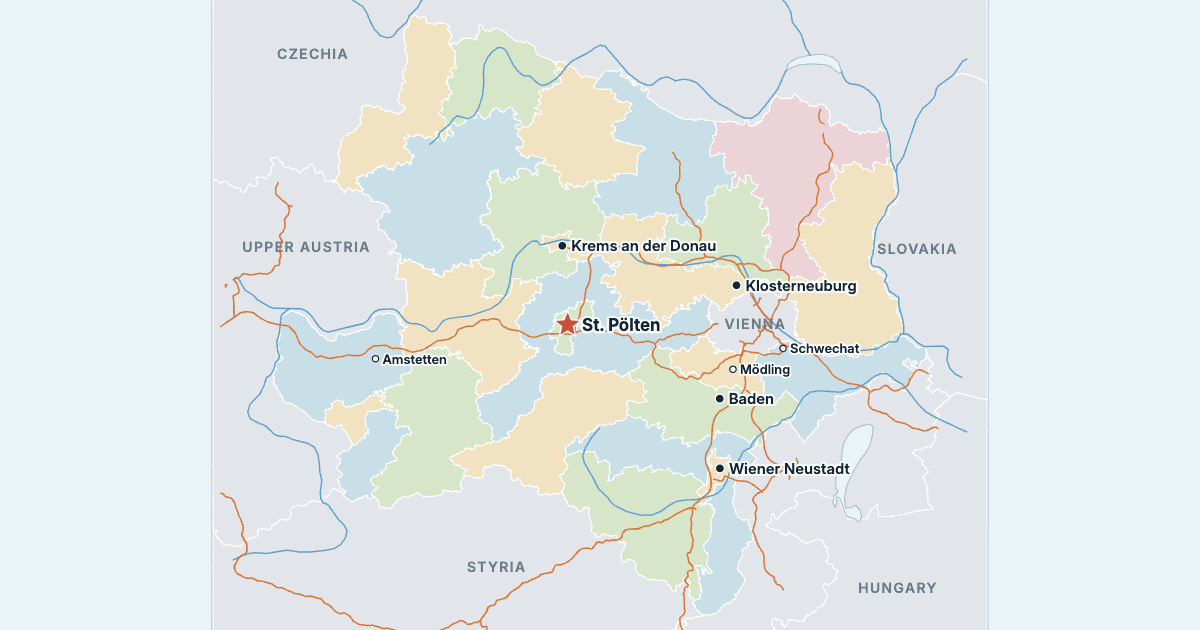 Map of Lower Austria with its largest cities