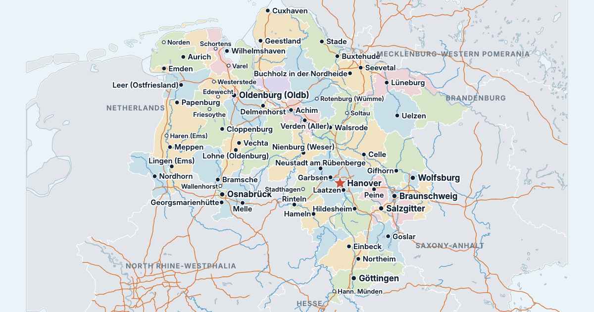 Map of Lower Saxony with its largest cities