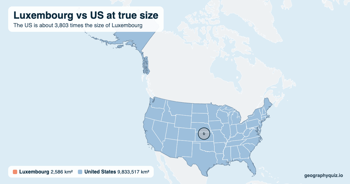 Luxembourg vs US size comparison map: Luxembourg laid over the US at true size. The US is about 3,803 times the size of Luxembourg.
