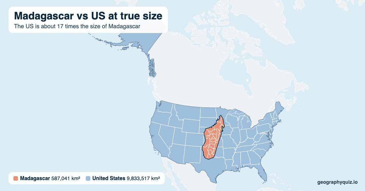 Madagascar vs US size comparison map: Madagascar laid over the US at true size. The US is about 17 times the size of Madagascar.