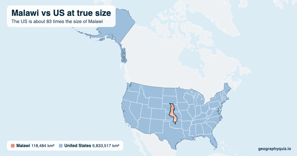 Malawi vs US size comparison map: Malawi laid over the US at true size. The US is about 83 times the size of Malawi.