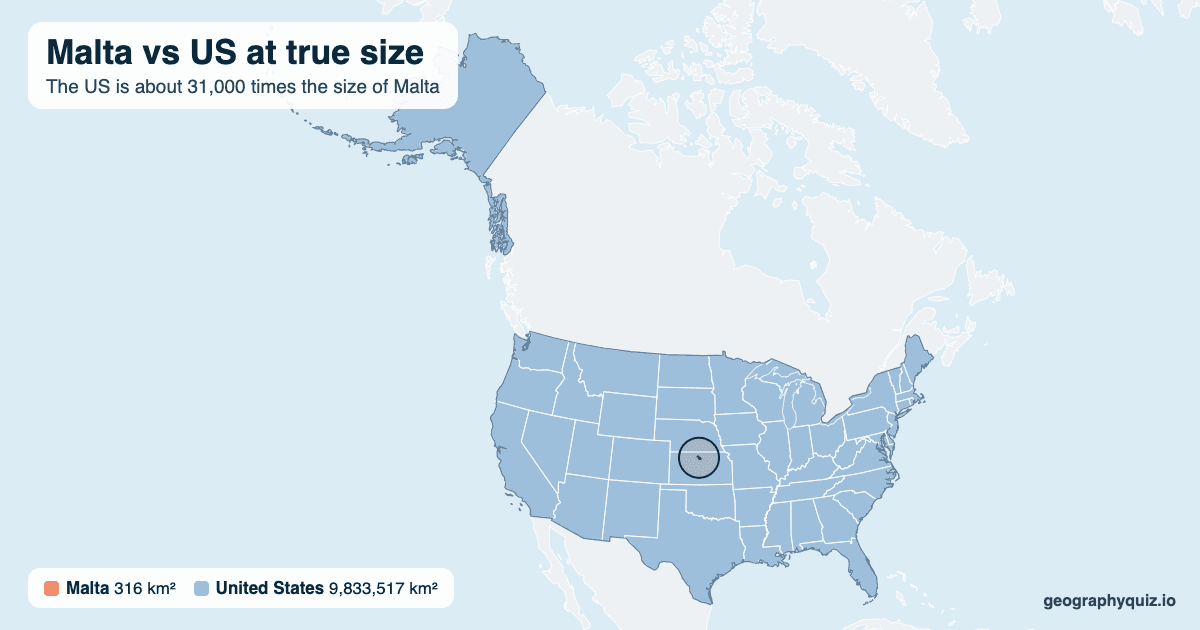 Malta vs US size comparison map: Malta laid over the US at true size. The US is about 31,000 times the size of Malta.