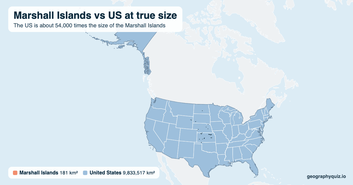 Marshall Islands vs US size comparison map: the Marshall Islands laid over the US at true size. The US is about 54,000 times the size of the Marshall Islands.