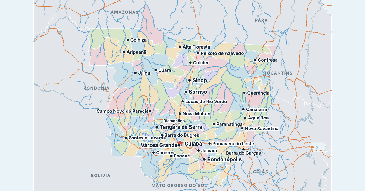 Map of Mato Grosso with its largest cities