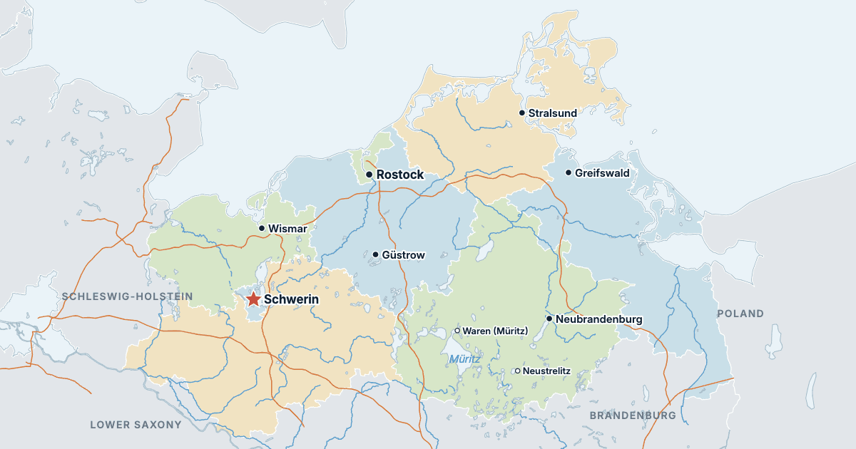 Map of Mecklenburg-Western Pomerania with its largest cities