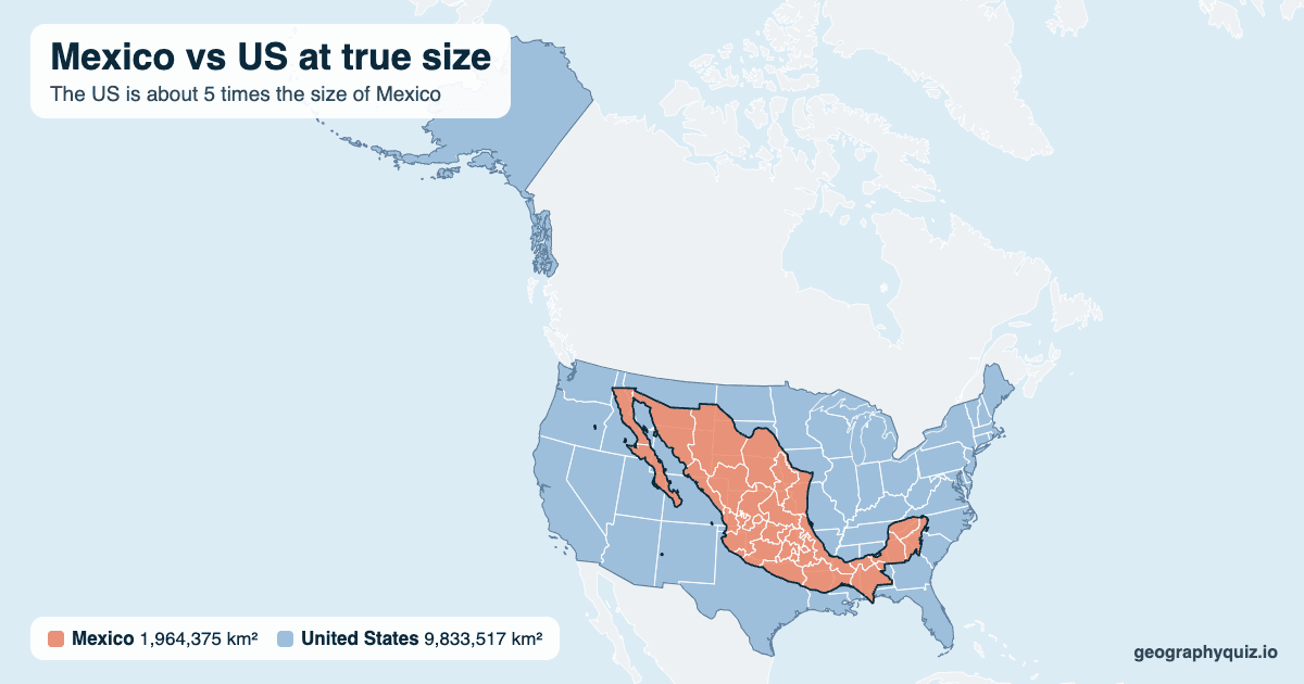Mexico vs US size comparison map: Mexico laid over the US at true size. The US is about 5 times the size of Mexico.