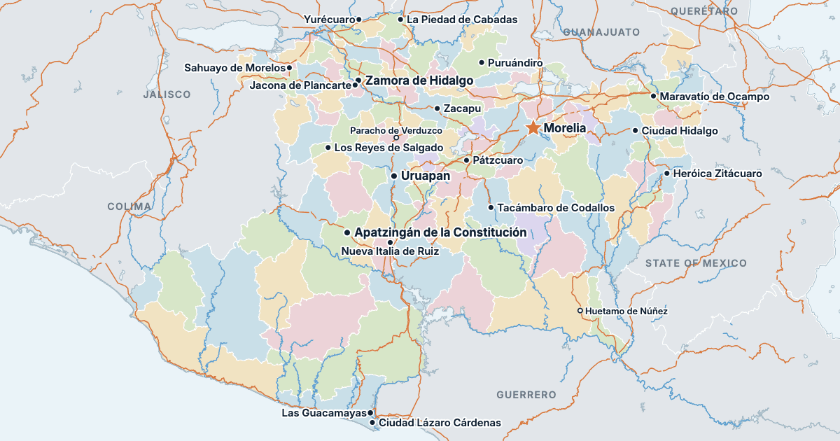 Map of Michoacán with its largest cities