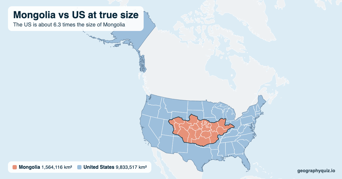 Mongolia vs US size comparison map: Mongolia laid over the US at true size. The US is about 6.3 times the size of Mongolia.