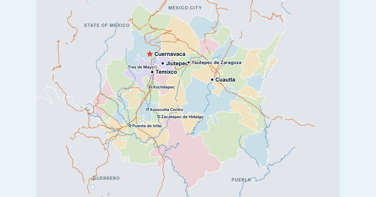Map of Morelos with its largest cities