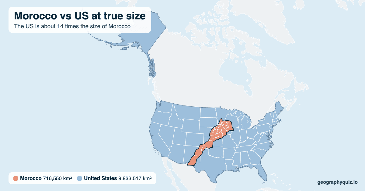 Morocco vs US size comparison map: Morocco laid over the US at true size. The US is about 14 times the size of Morocco.