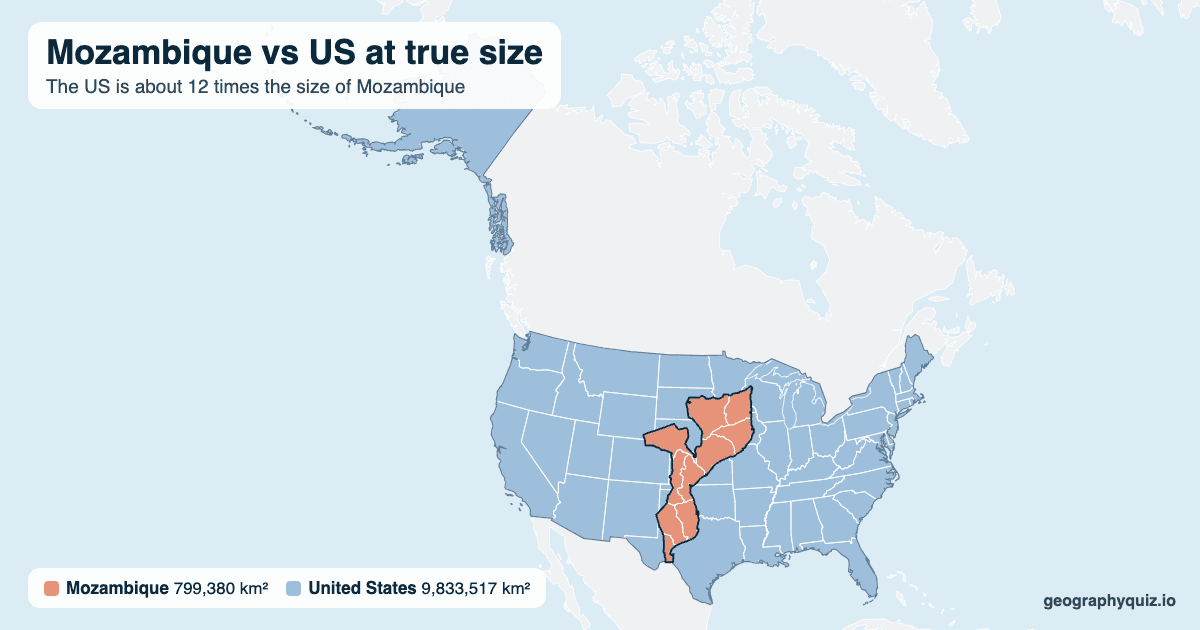Mozambique vs US size comparison map: Mozambique laid over the US at true size. The US is about 12 times the size of Mozambique.
