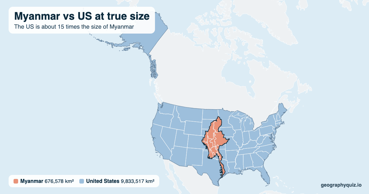 Myanmar vs US size comparison map: Myanmar laid over the US at true size. The US is about 15 times the size of Myanmar.