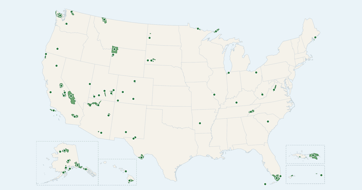 Map of the 63 US national parks with their boundaries, including Alaska, Hawaii, American Samoa and the US Virgin Islands