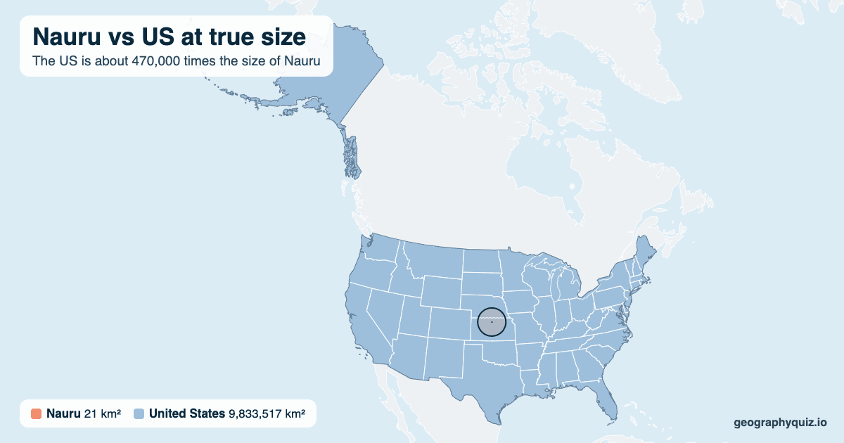 Nauru vs US size comparison map: Nauru laid over the US at true size. The US is about 470,000 times the size of Nauru.