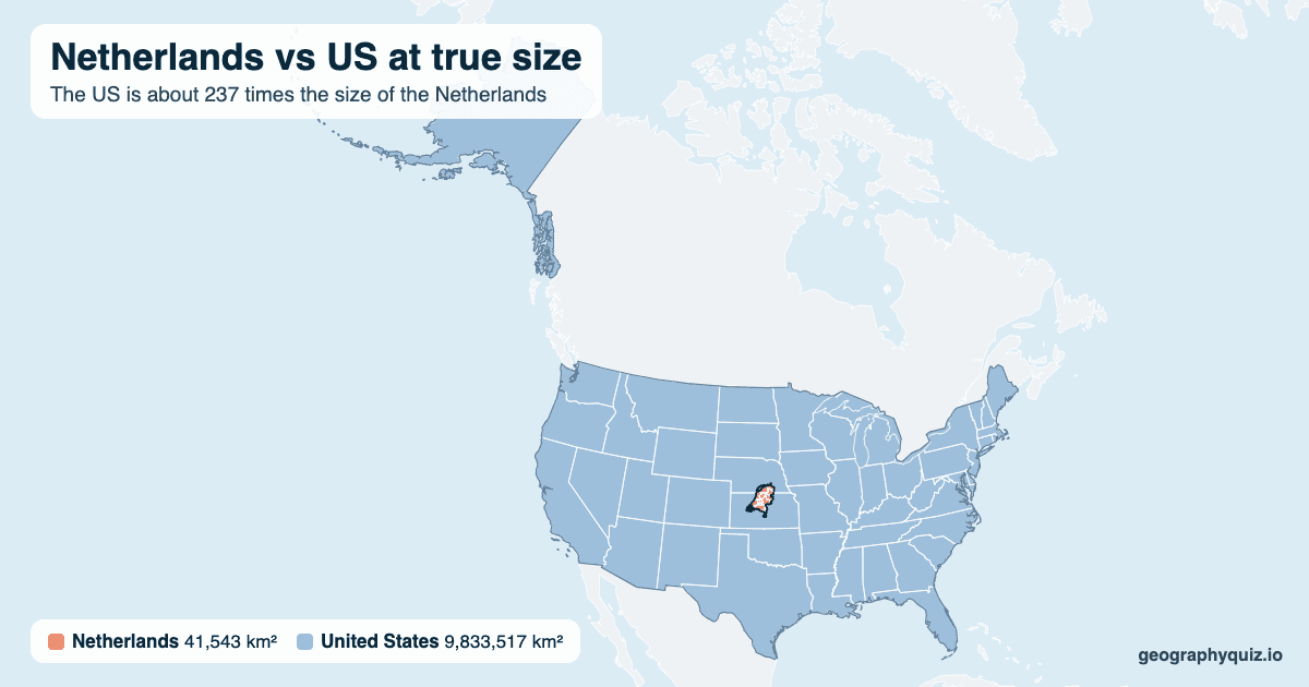 Netherlands vs US size comparison map: the Netherlands laid over the US at true size. The US is about 237 times the size of the Netherlands.